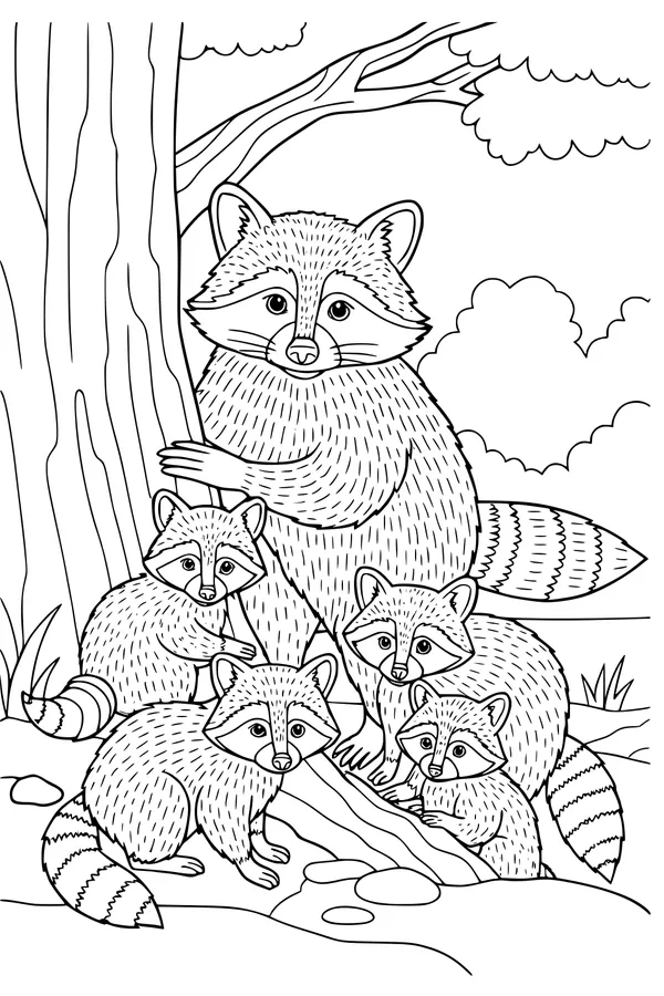 Raccoon Family in the Forest Shade