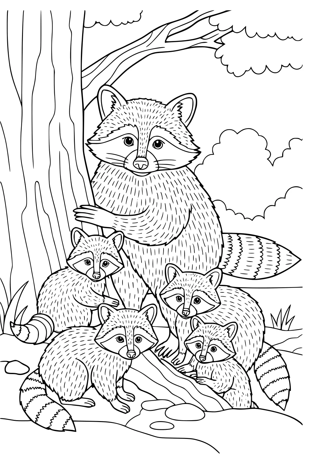 Mother raccoon with four kits beneath a tree, surrounded by grass, rocks, and clouds in the background.