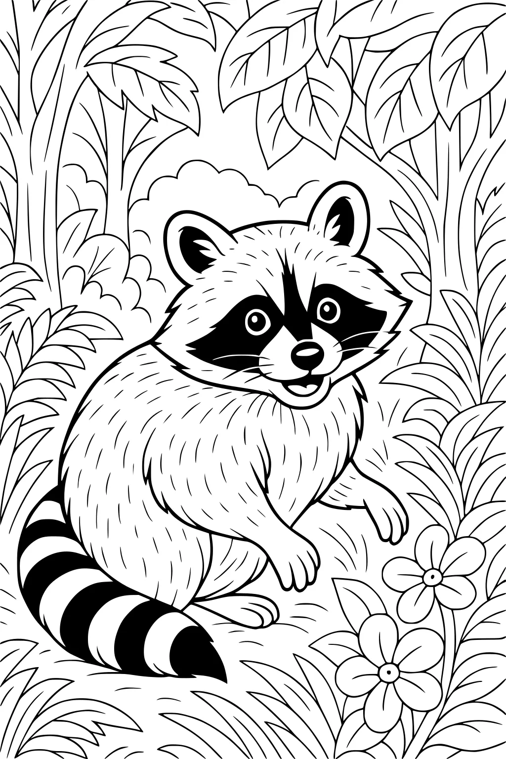 Cartoon raccoon sitting among forest plants and flowers with leafy trees in the background.