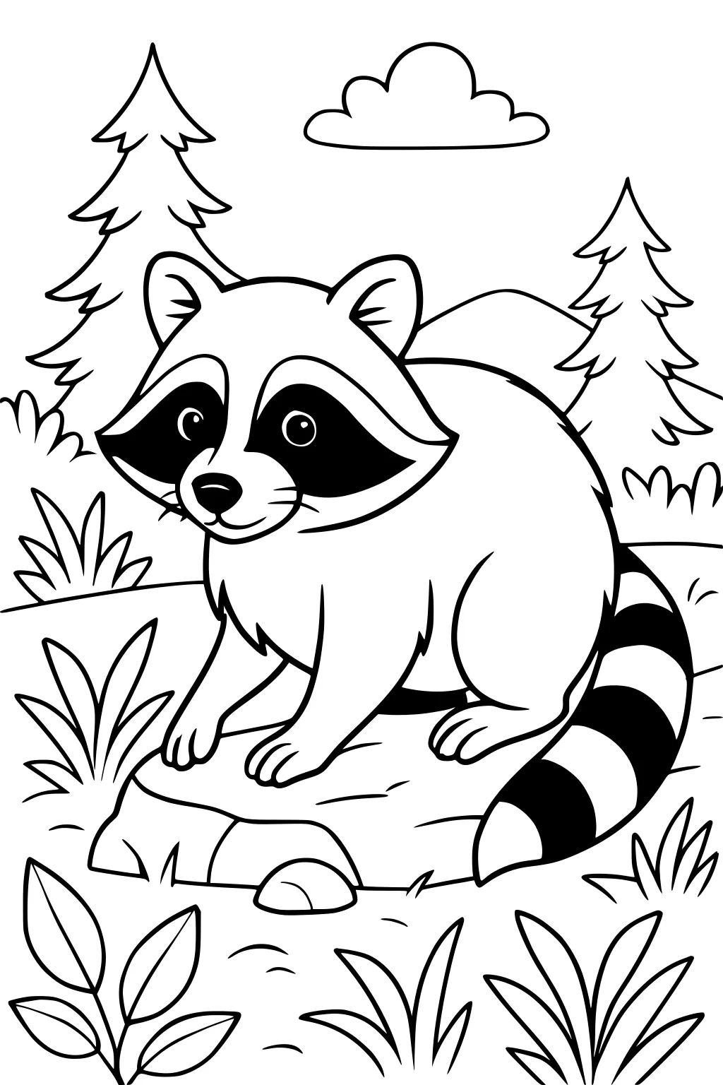 A smiling raccoon sits on a rock in a forest with pine trees, bushes, and a cloud in the sky.