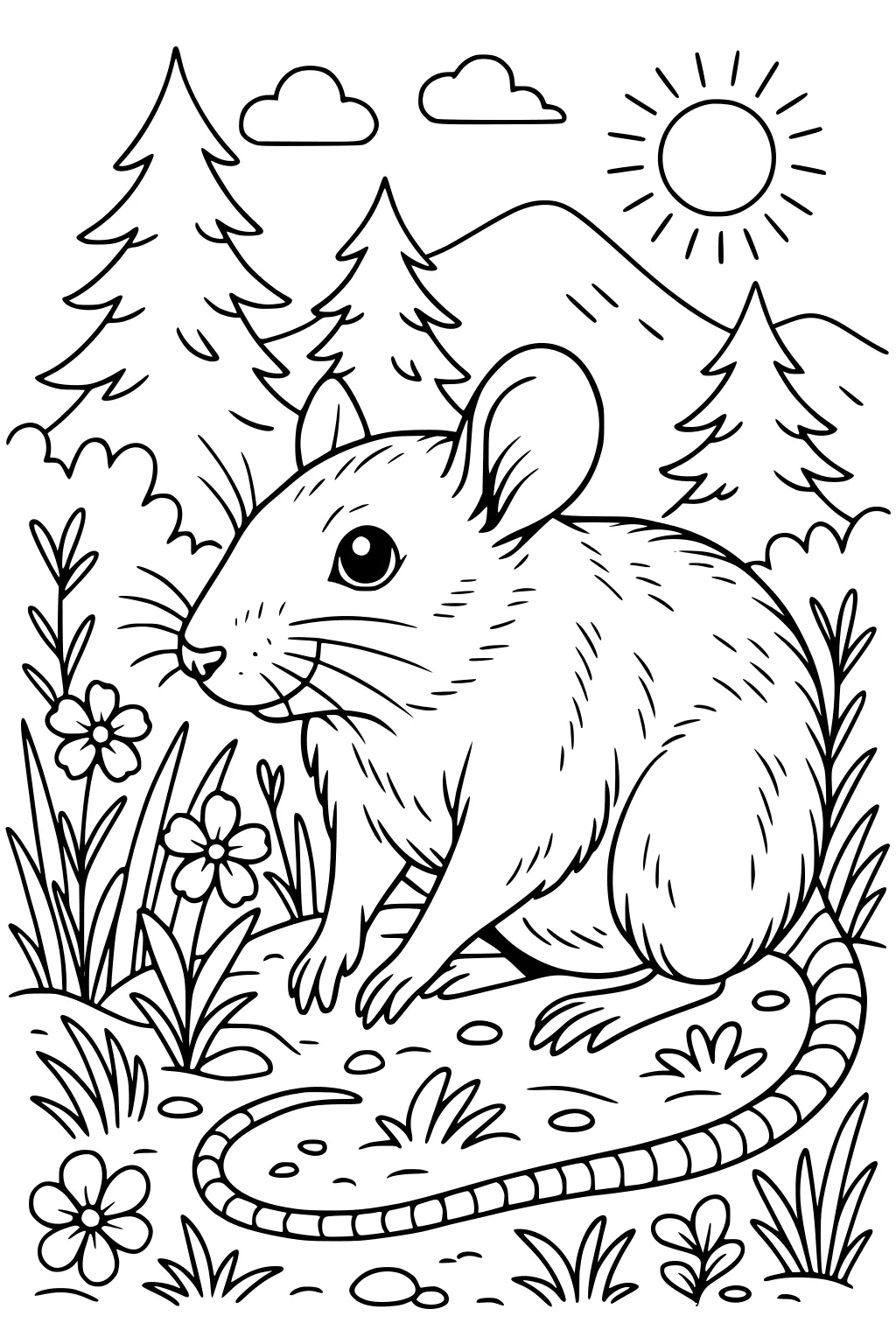 Mouse sitting in grass with wildflowers, pine trees, mountains, clouds, and the sun in the background.
