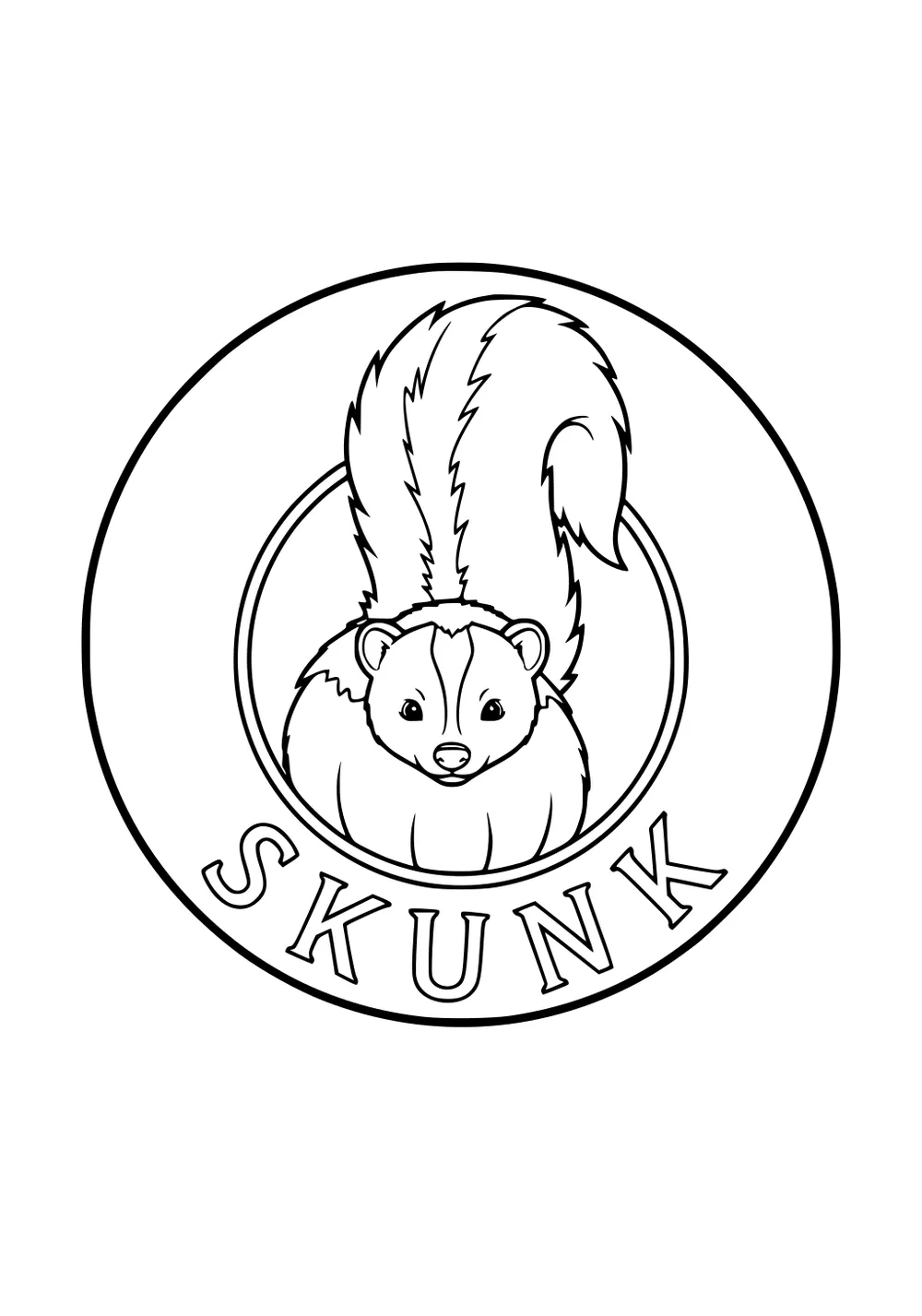 Outlined drawing of a fluffy skunk with a striped tail inside a circle, with SKUNK written underneath.