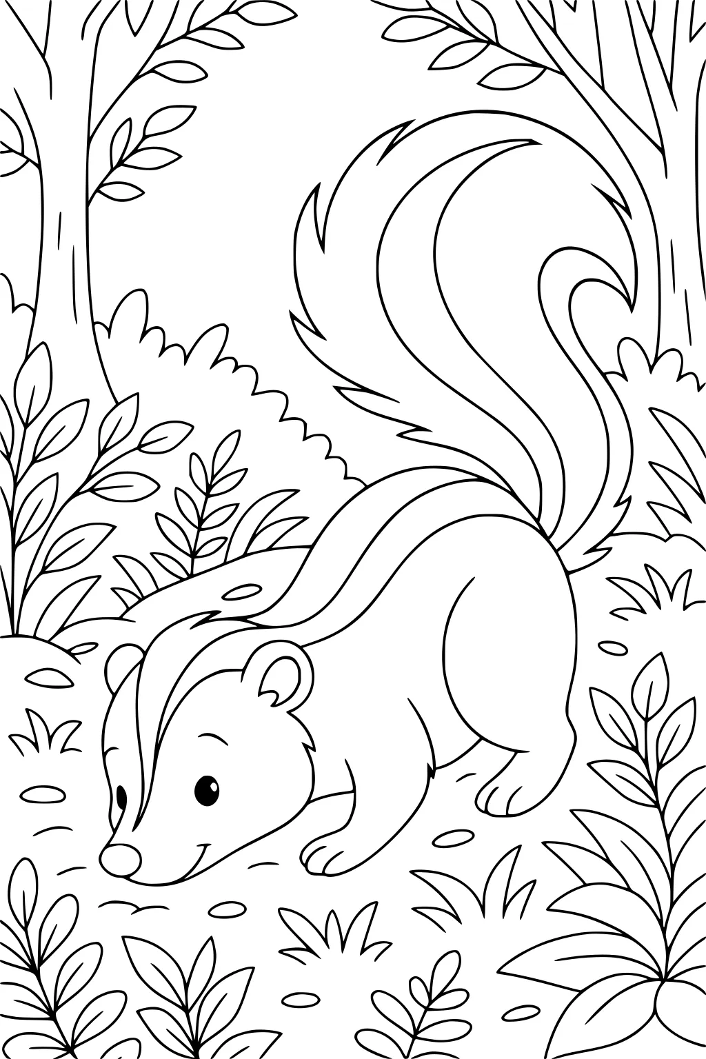 Cartoon skunk with striped tail walking in a leafy forest with trees, plants, and grass.