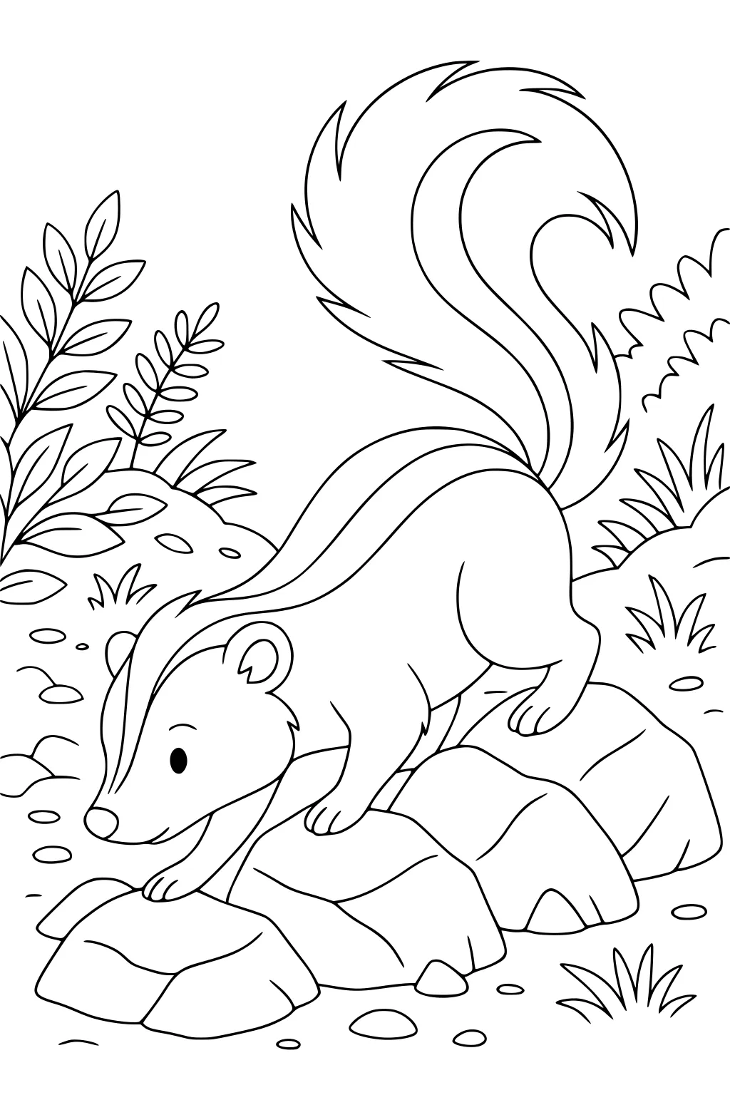 Cartoon skunk with a striped tail stepping on rocks, surrounded by grass and leafy plants.