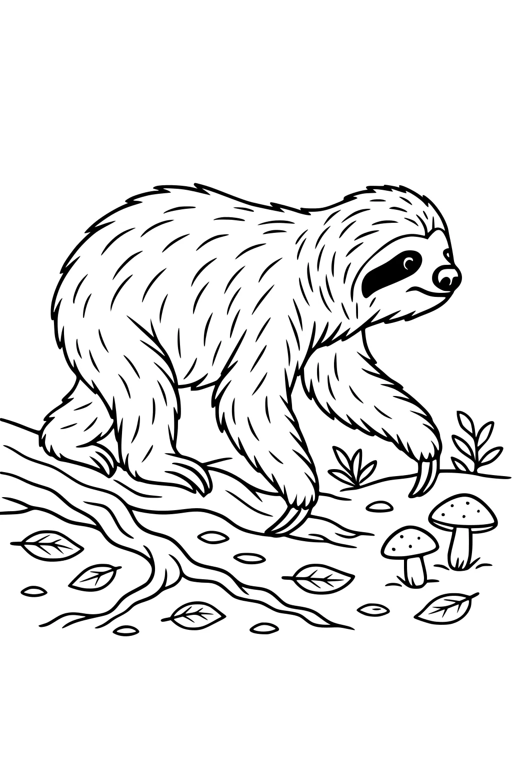 Sloth walking across a log in a forest with mushrooms, leaves, and plants on the ground.