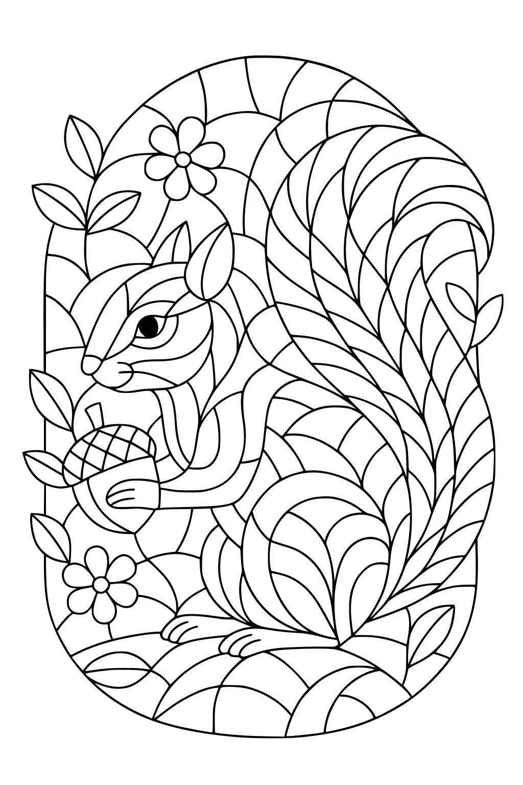 Squirrel holding an acorn, surrounded by leaves, flowers, and a big bushy tail with swirling segments.
