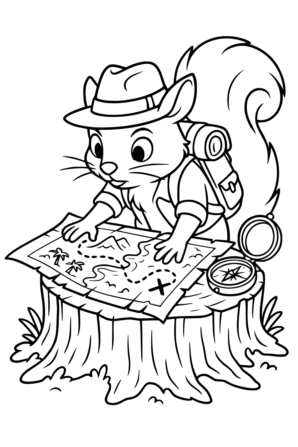Squirrel in explorer hat with backpack studies treasure map on tree stump. Compass, palm trees, river, and an X marked on the map.