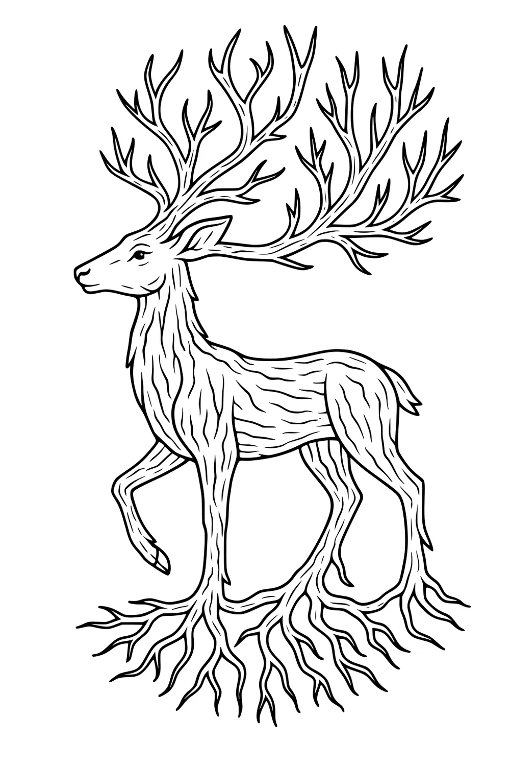 Deer with tree branch antlers and root-shaped legs, standing in profile with detailed lines, on a plain background.
