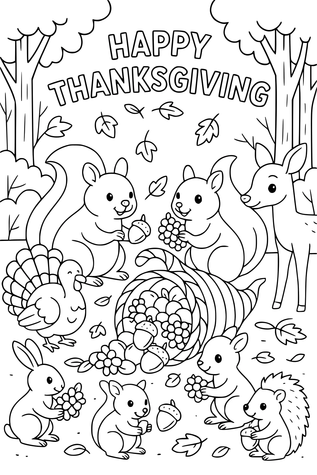 Forest animals share a cornucopia under HAPPY THANKSGIVING; turkey, deer, squirrels, rabbit, hedgehog, grapes, acorns, trees, falling leaves.