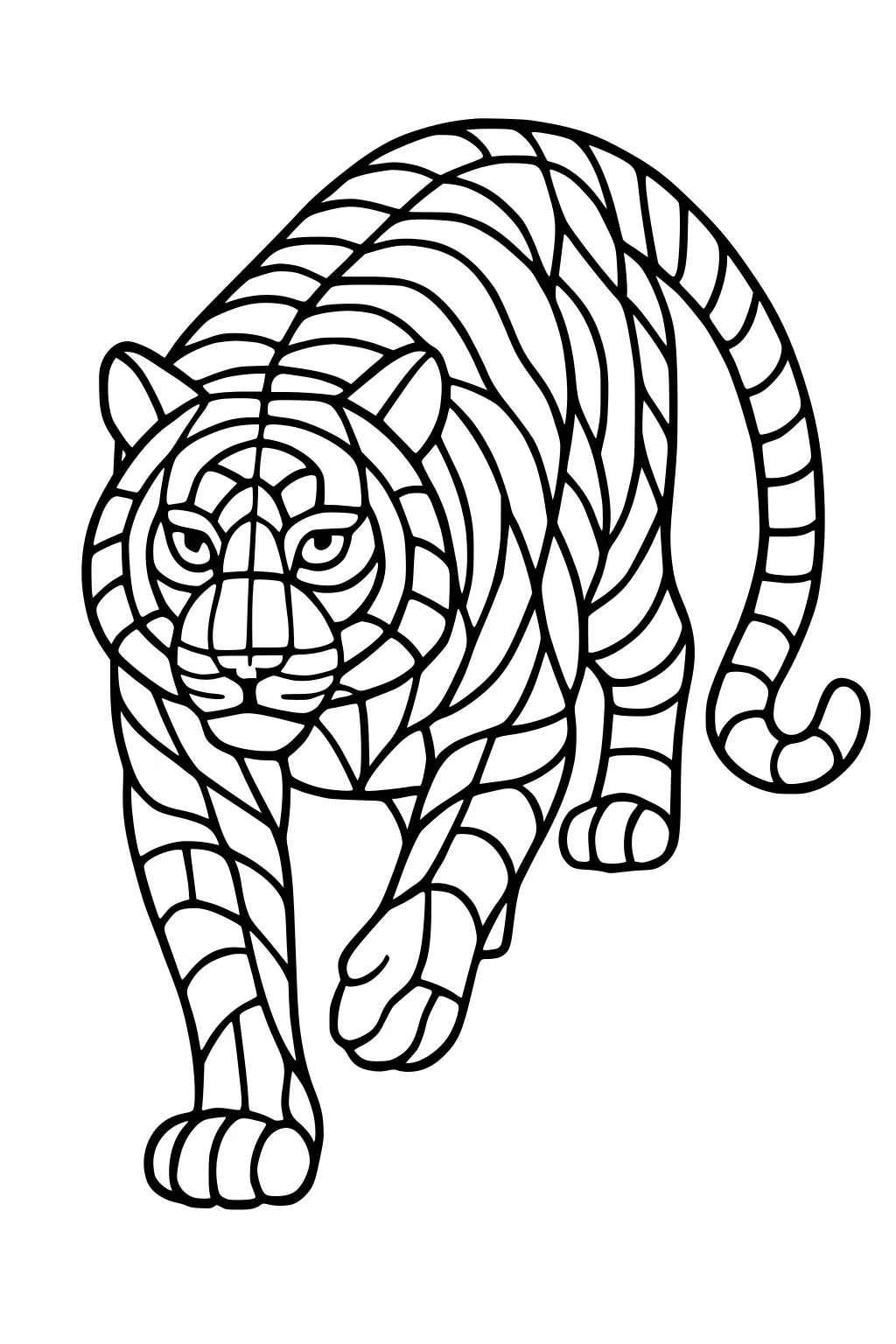 Tiger walking forward with bold curved stripes, pointed ears, long tail curled at the end, and alert expression.