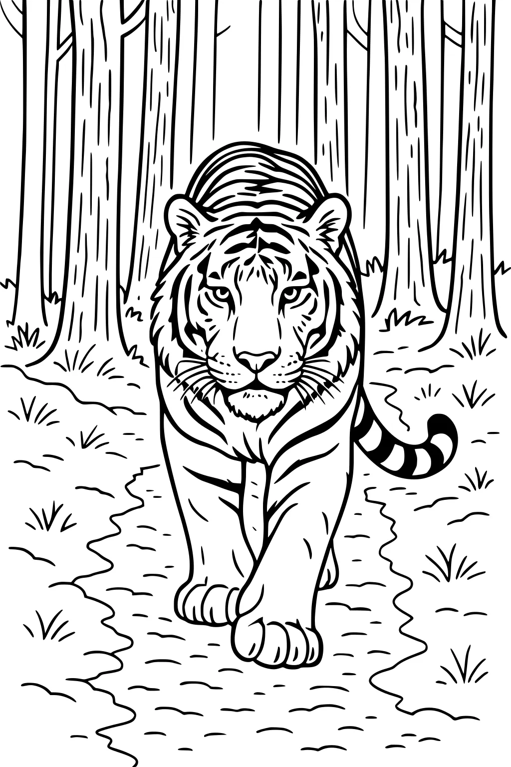 Tiger with bold stripes walking on a winding path in a tall forest, grass and tree trunks in the background.