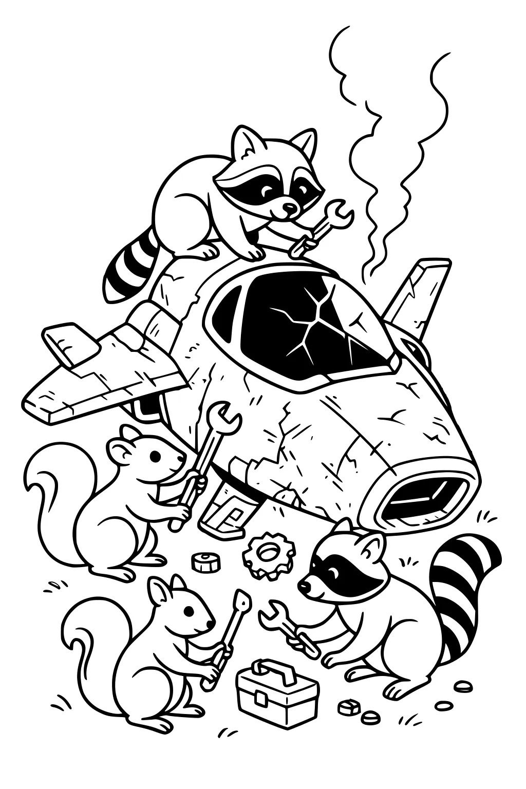 Raccoons and squirrels fix a dented UFO with wrenches and a toolbox, smoke rising and a cracked cockpit window on the ground.