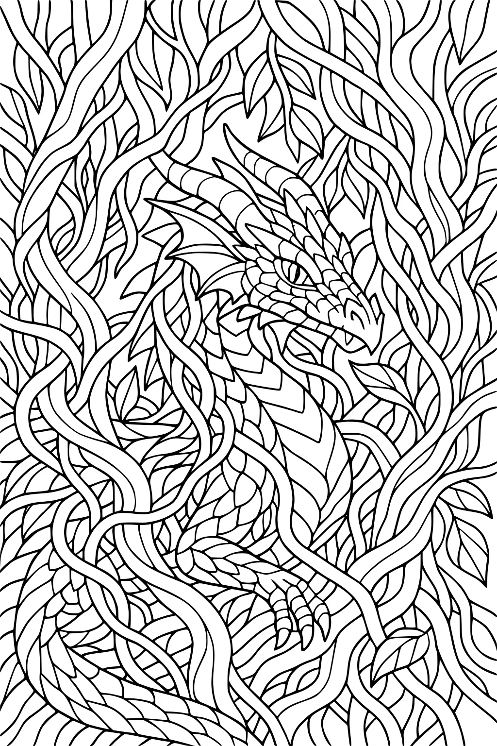 Intricate dragon with scales and horns peeking through twisting jungle vines and leaves, one claw visible, detailed line art.