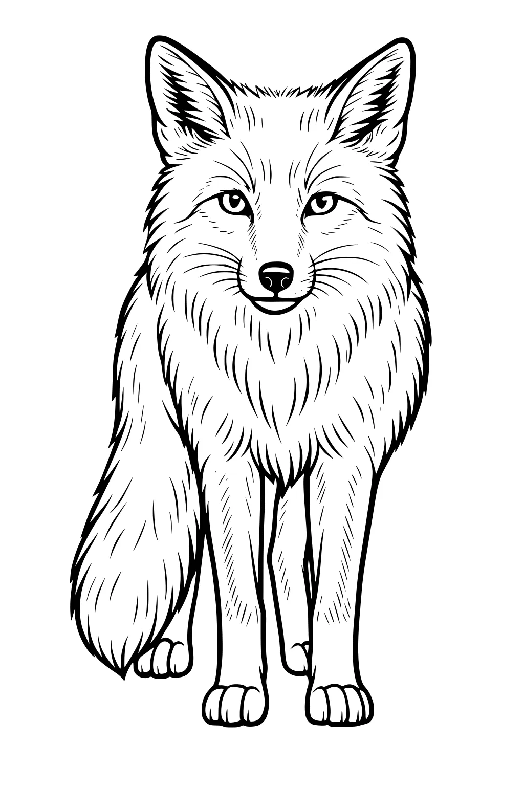 Hand-drawn fox standing forward with bushy tail, upright ears, and lots of fur detail, waiting to be colored.