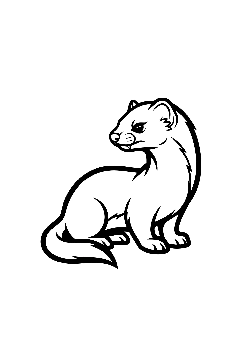 Outlined drawing of a weasel sitting with its tail curled around and looking to the side.