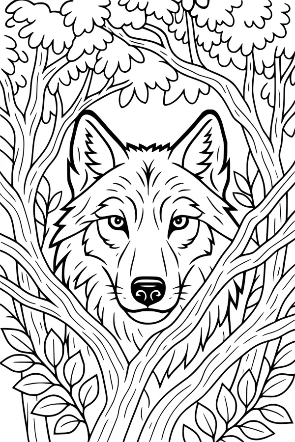 Forest Wolf Peeking Through Branches