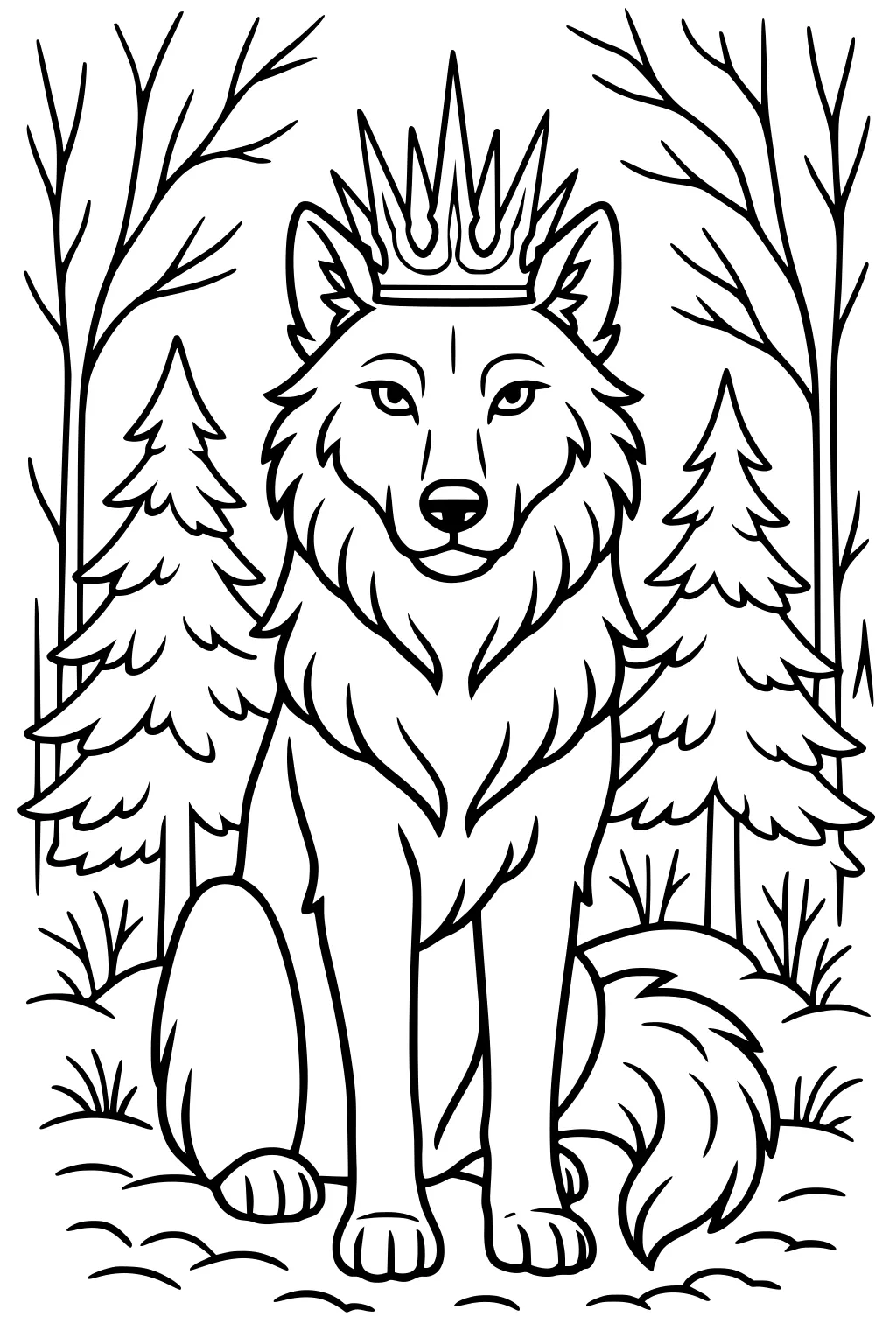 Front-facing wolf wearing a tall crown sits in a pine forest with a curled tail, detailed fur, and simple trees and grass tufts.