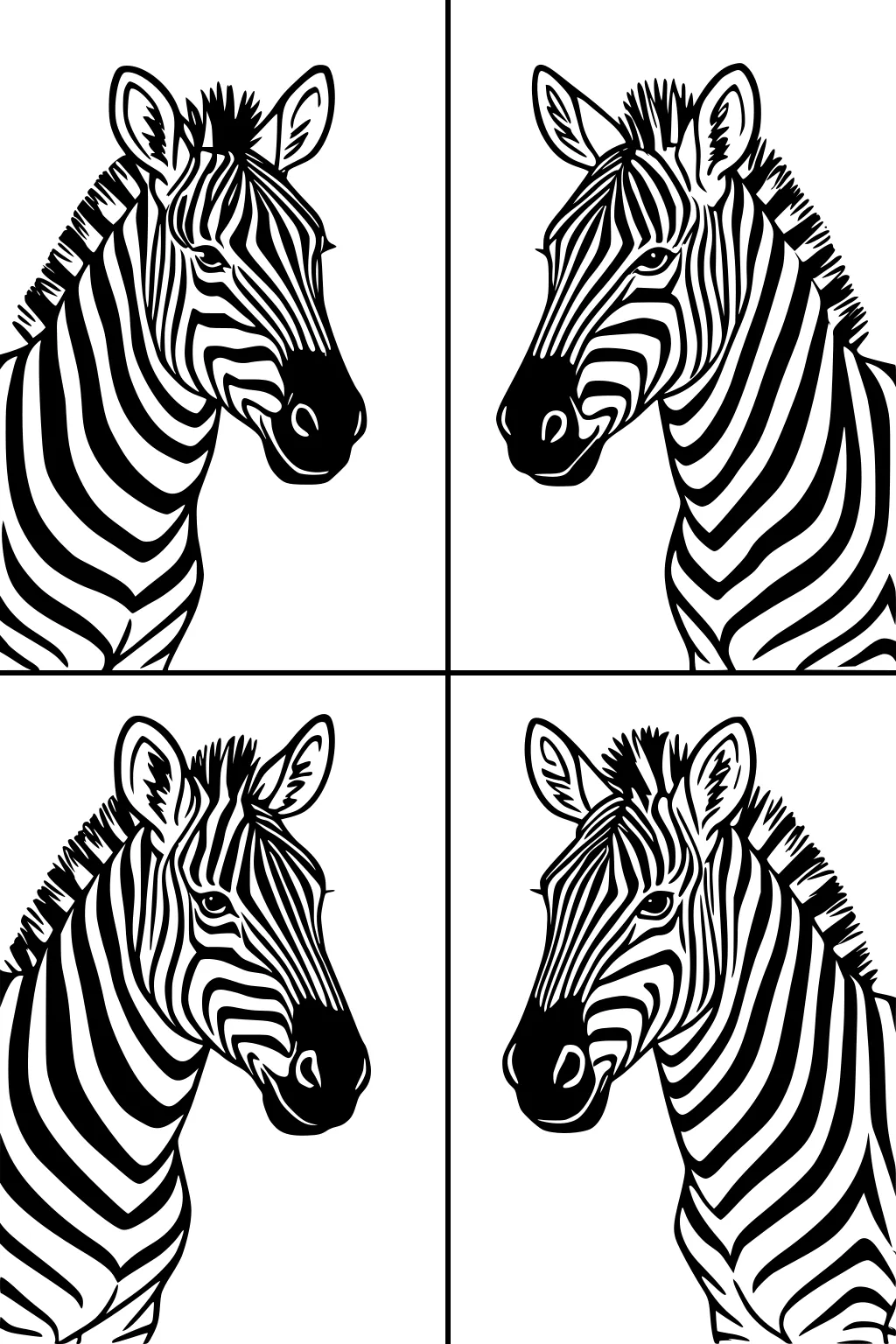 Four zebras in a 2x2 grid, each facing right with bold stripes, upright manes, and clear outlines on a white background.