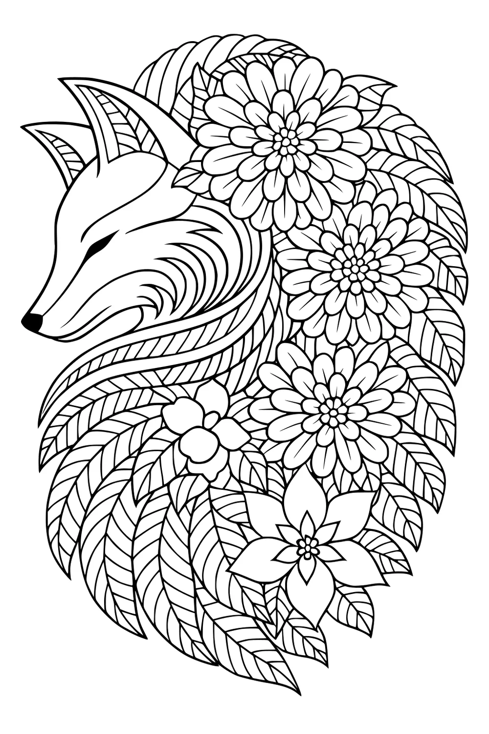 Outlined fox head with layered leaves and large blooming flowers clustered around it.