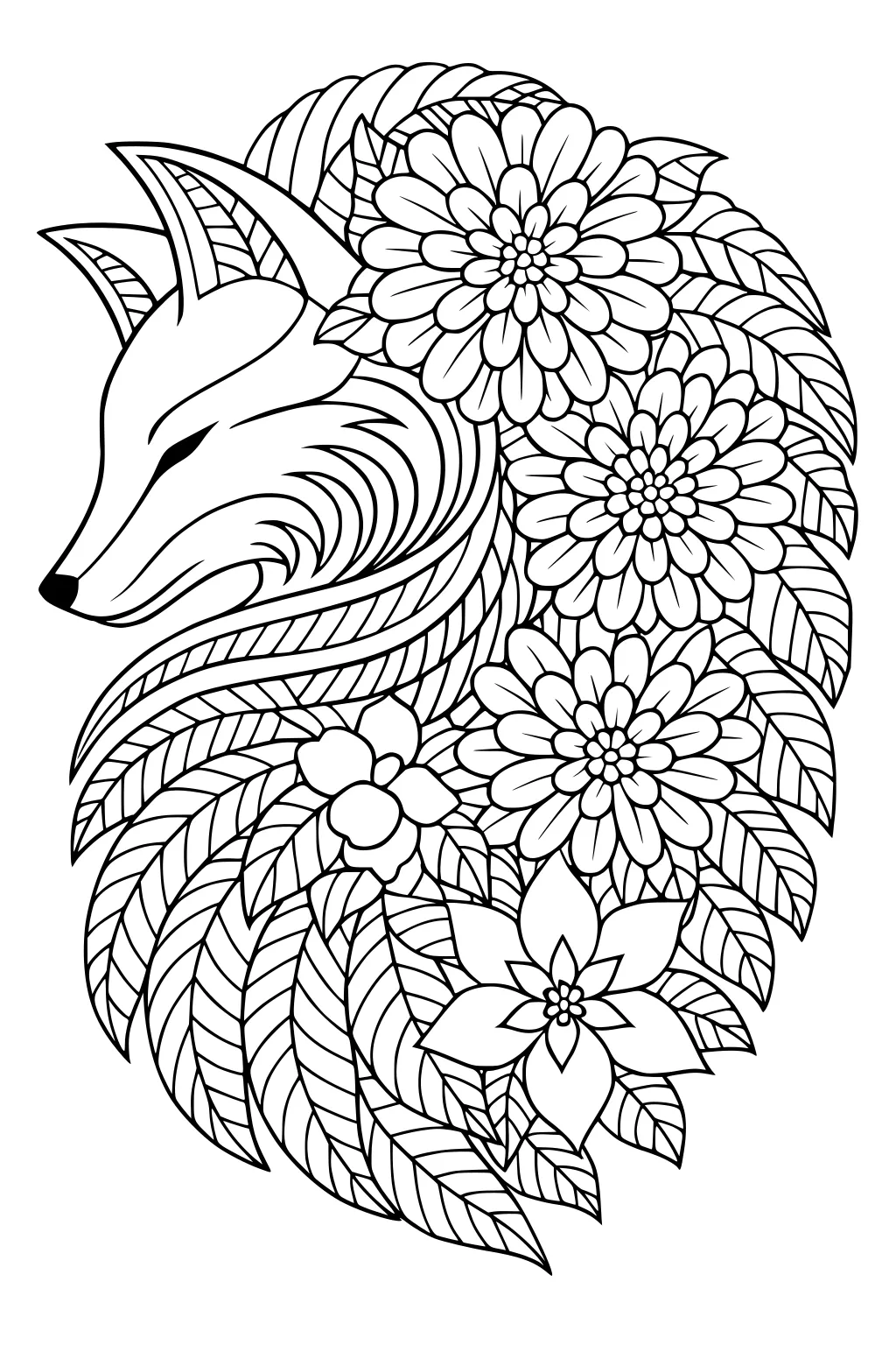 Outlined fox head with layered leaves and large blooming flowers clustered around it.
