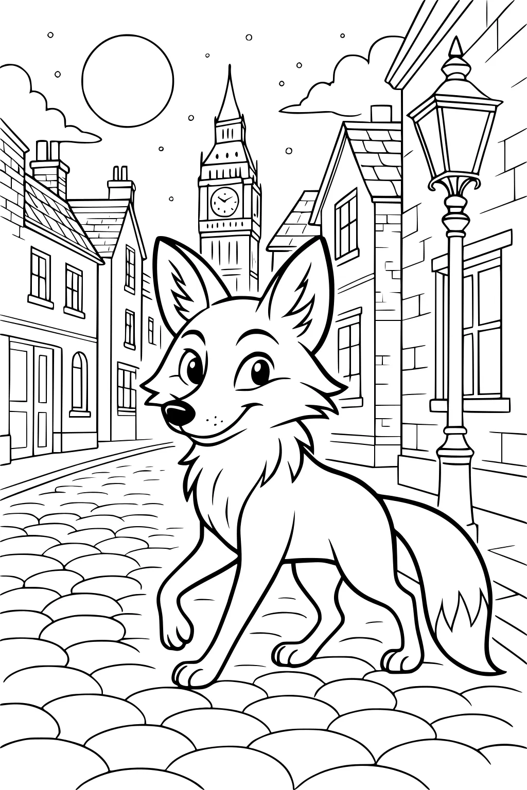 Smiling cartoon fox walking on a London street with Big Ben, houses, streetlamp, and cobblestones.