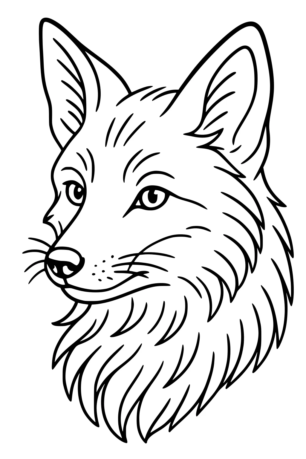 Outlined drawing of a fox head with large ears and bushy fur, shown from the front.