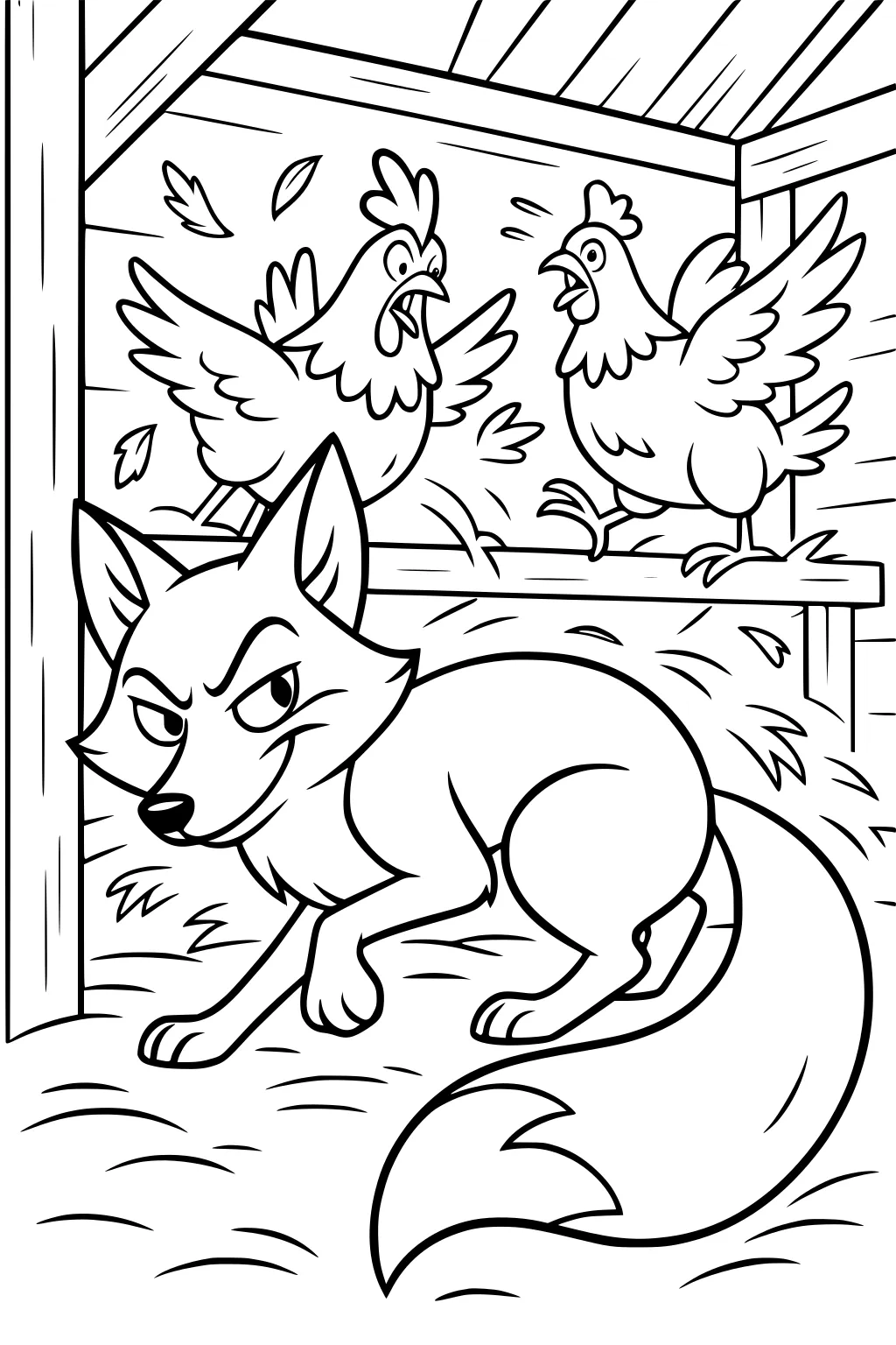 Fox sneaking in a barn with two surprised chickens flapping wings, hay flying and wooden beams visible.