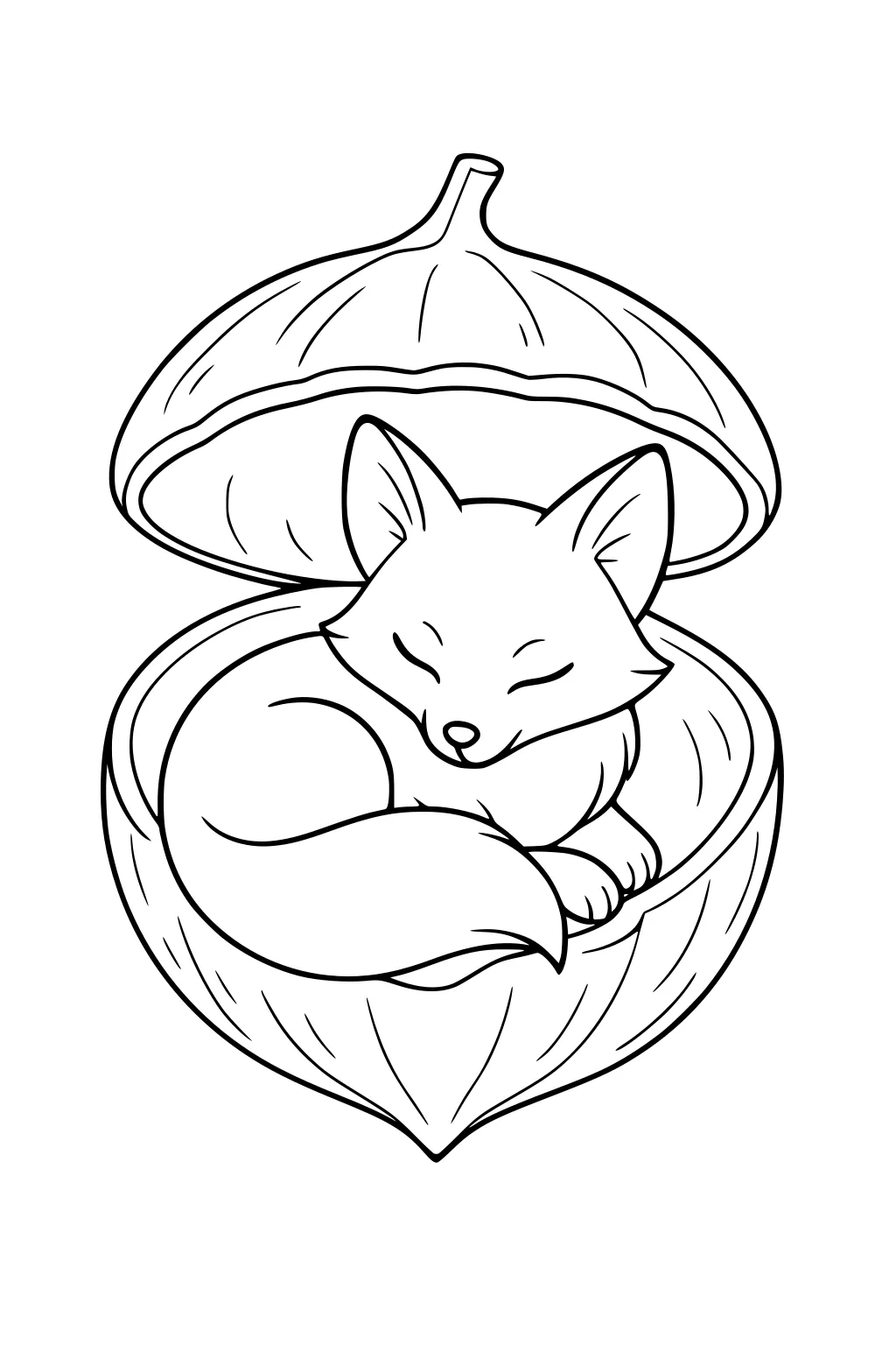 A little fox curled up asleep inside an open walnut shell, with closed eyes and a bushy tail.
