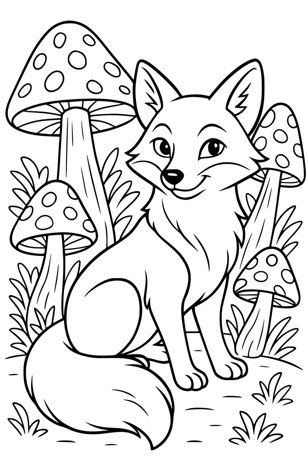 Friendly fox sitting among large mushrooms and grass, bushy tail curled beside her, with tall toadstools in the background.