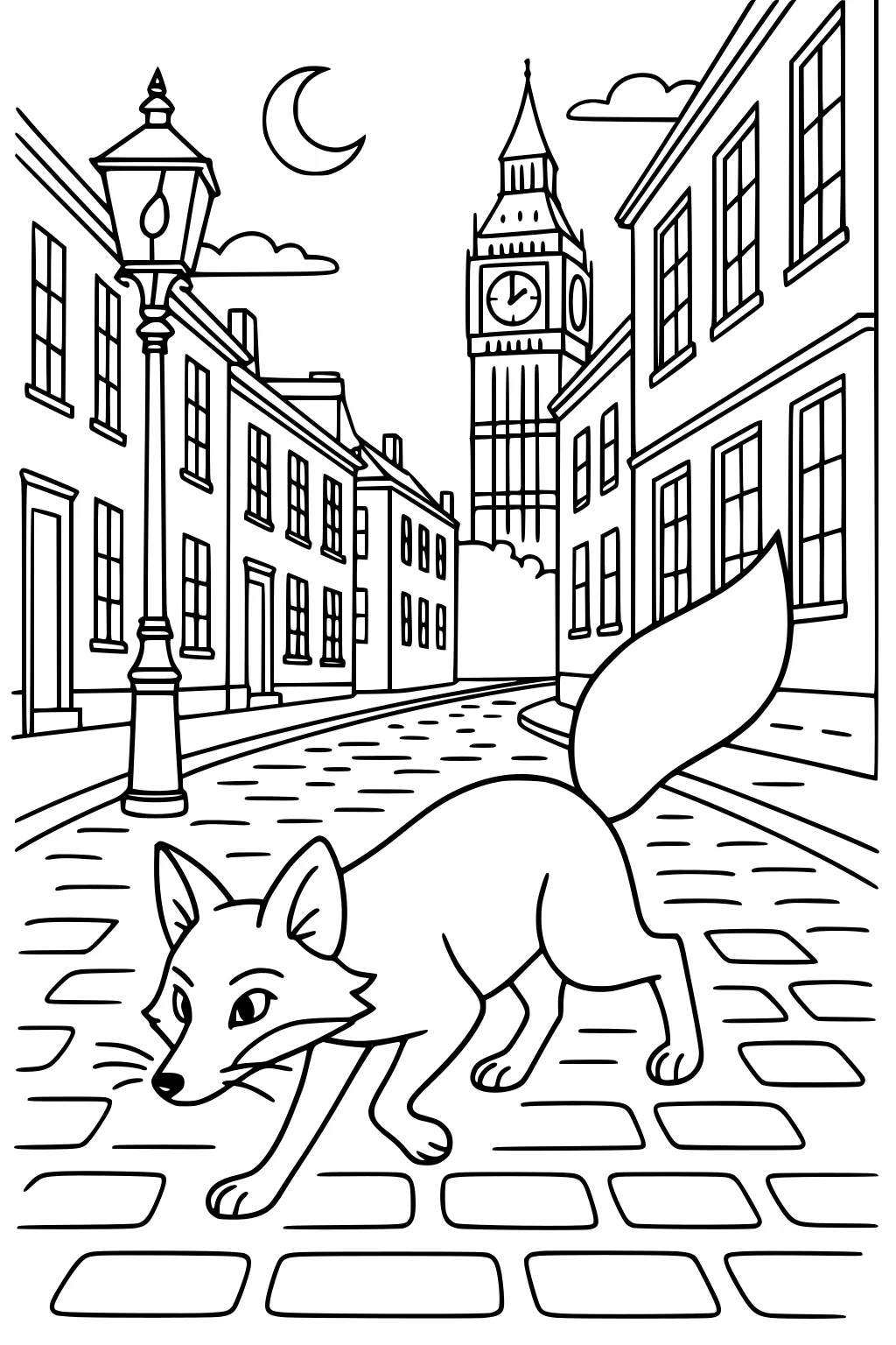 Fox walking along city street at night with Big Ben clock tower, streetlamp, and houses in the background.