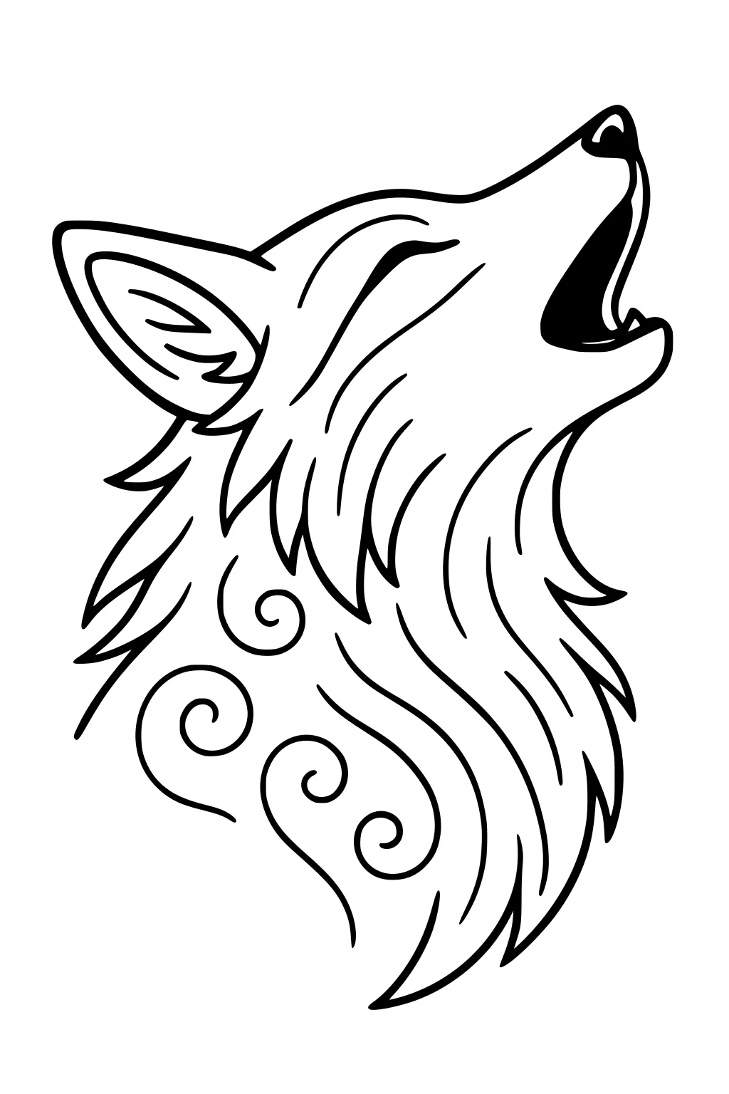 Outline drawing of a fox howling with swirly fur patterns and closed eyes.