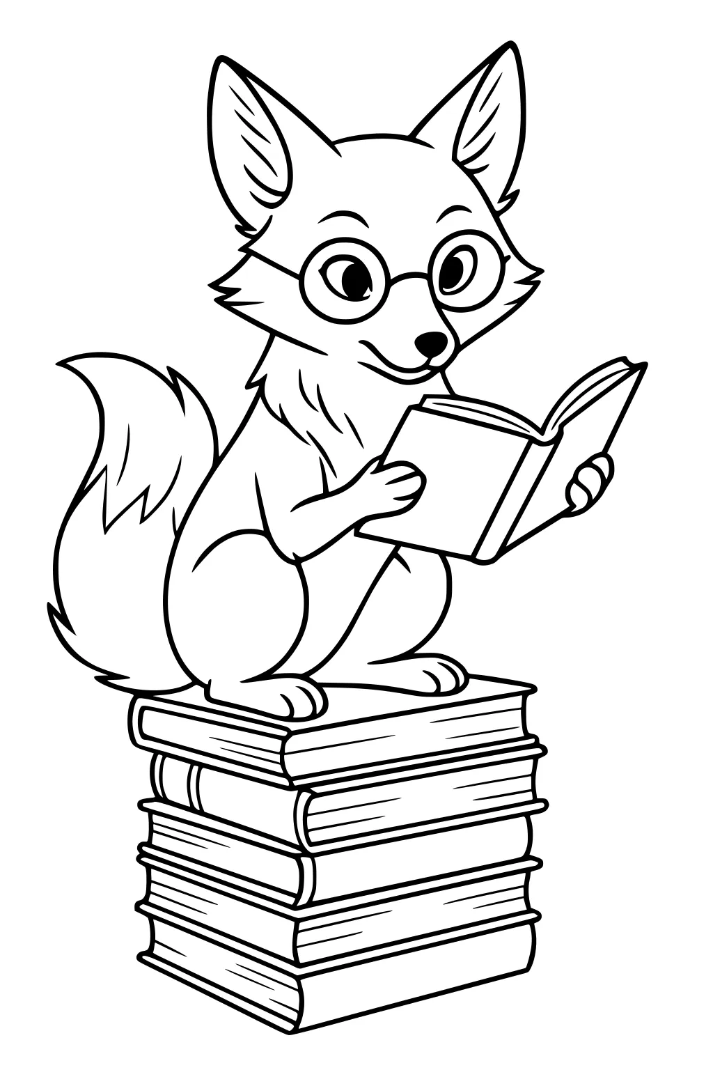 Fox with glasses sits on pile of books and holds an open book.