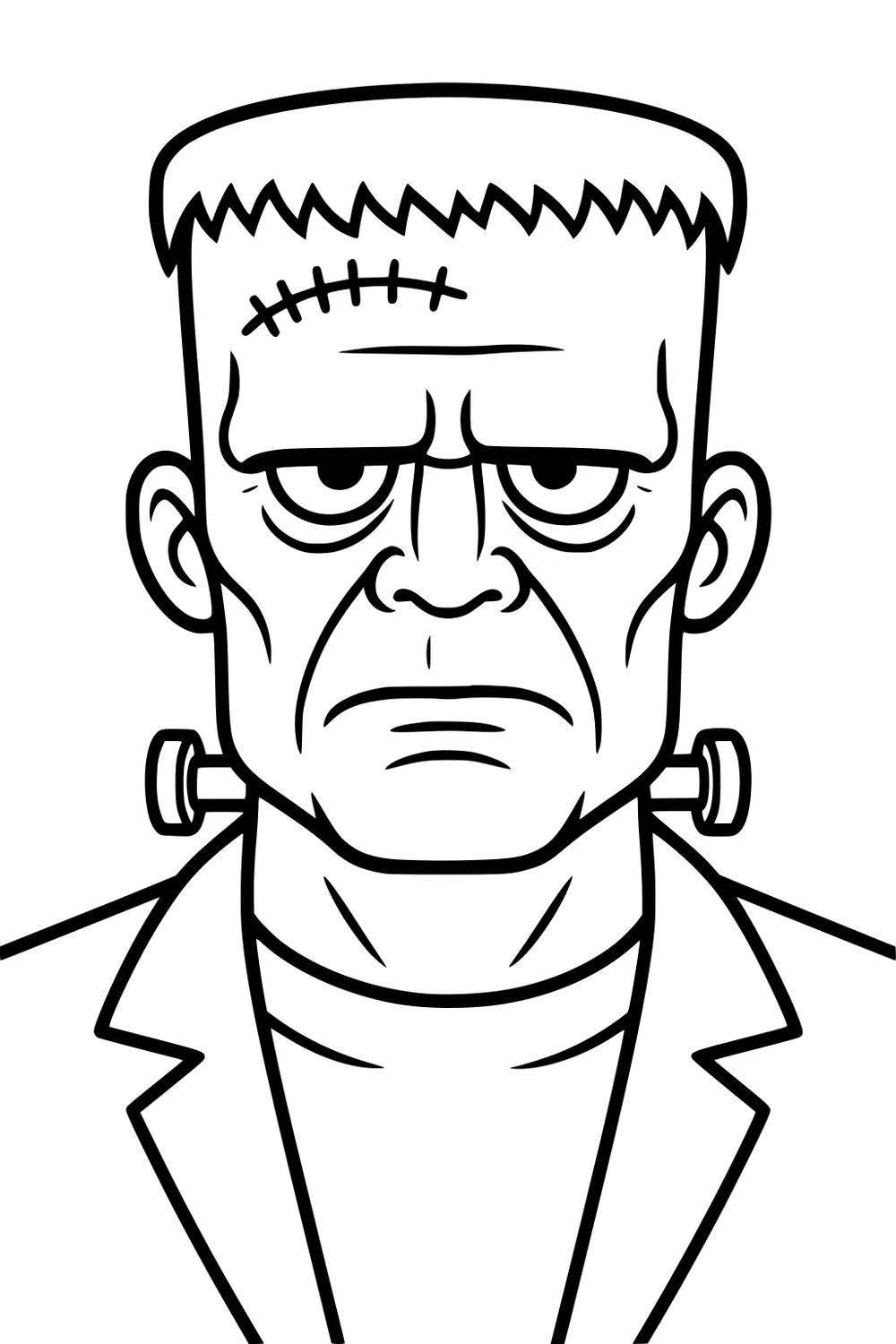 Frankenstein's monster portrait with flat top hair, forehead stitches, neck bolts, heavy brow, and a jacket in bold black outlines.
