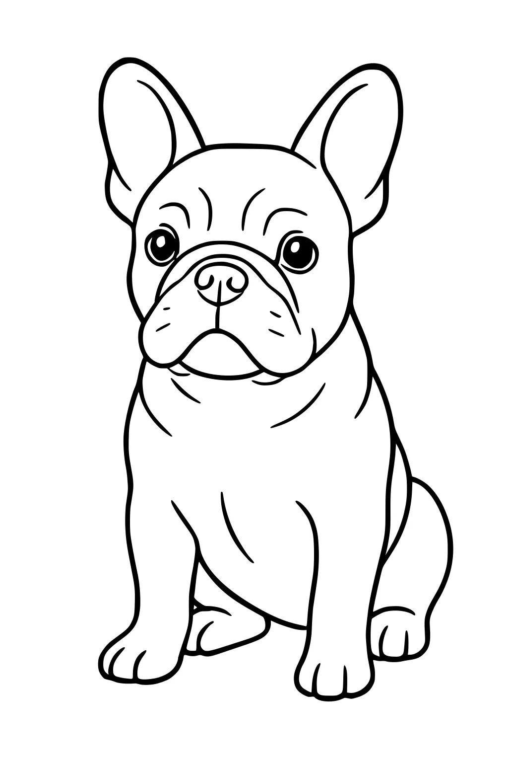 French Bulldog sitting with big upright ears, round eyes, wrinkled face, and paws visible, looking forward.