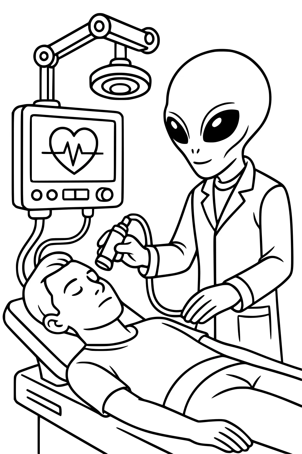 Alien in lab coat scans a boy on a bed; heart monitor with heartbeat and overhead lamp in a simple sci-fi exam room.
