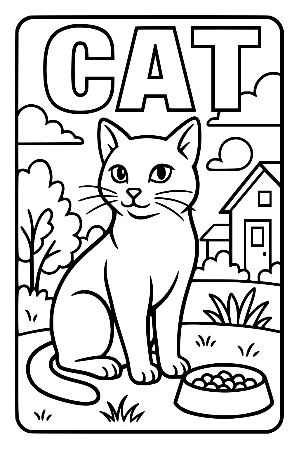 Cat sitting on grass near a bowl, with trees, house, and the word CAT in large letters above.