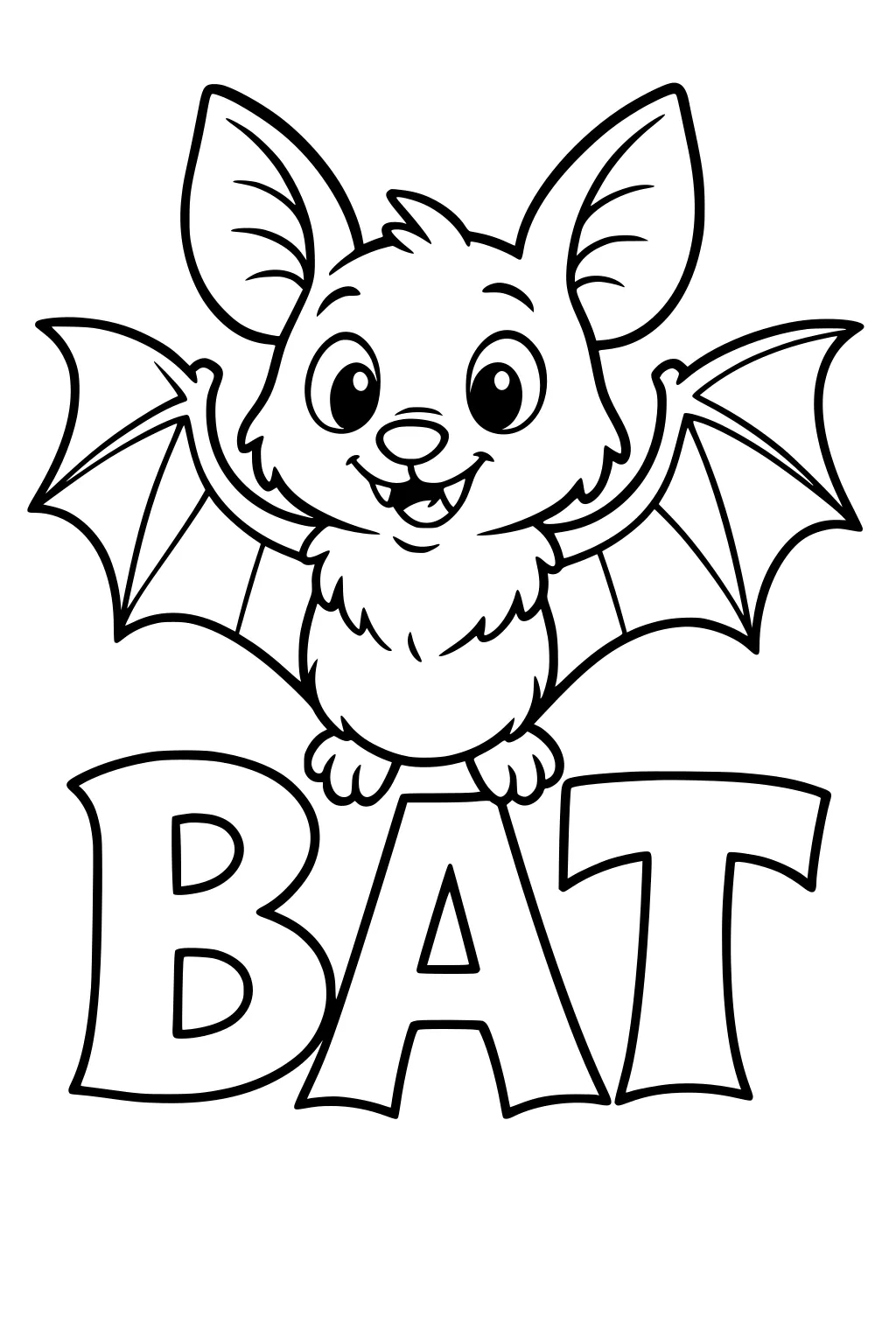 Smiling cartoon bat with large ears and open wings flying above bold letters spelling BAT.
