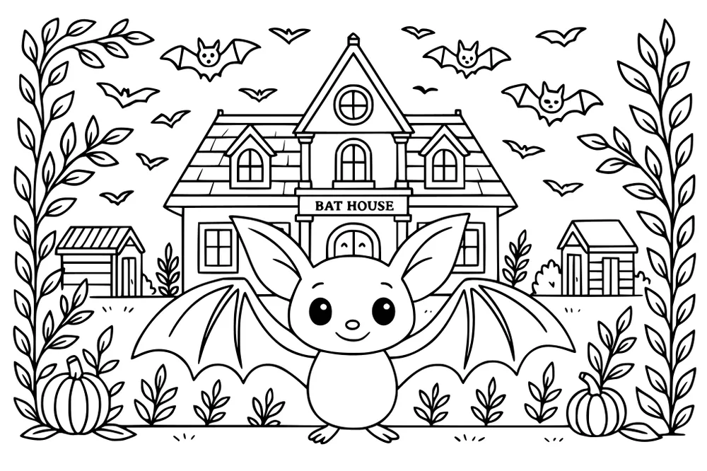 Cartoon bat with big eyes and open wings stands in front of a Bat House. Flying bats, pumpkins, and leaves fill the scene.