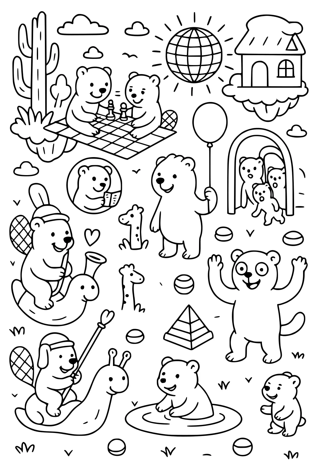 Multiple cartoon bears play games, ride snails, and explore a playground with toys, a ball, and a cloud house.