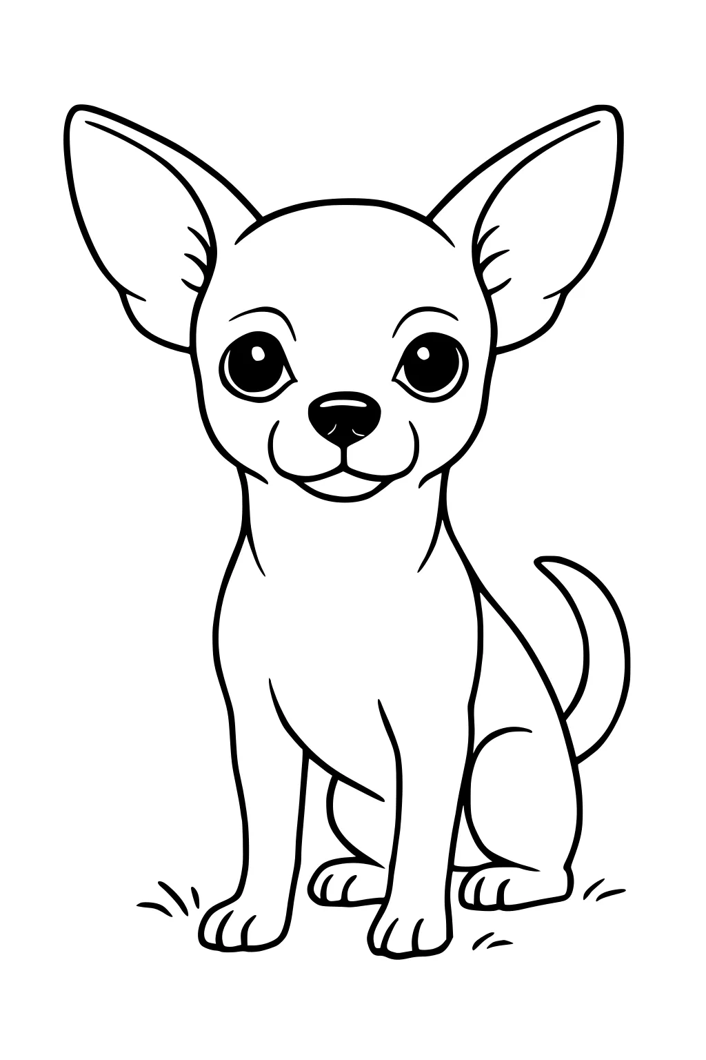 Small Chihuahua dog sitting with big upright ears, round eyes, and grass around its paws.
