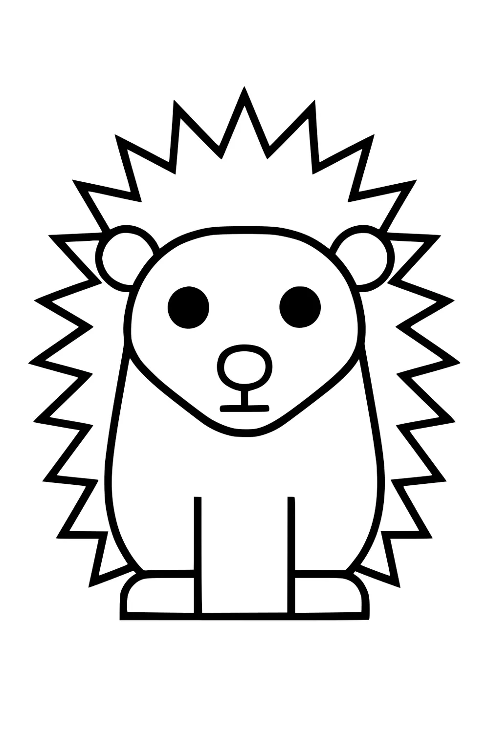 Simple cartoon hedgehog with spiky outline, big round eyes, two ears, and four short legs, sitting facing forward.