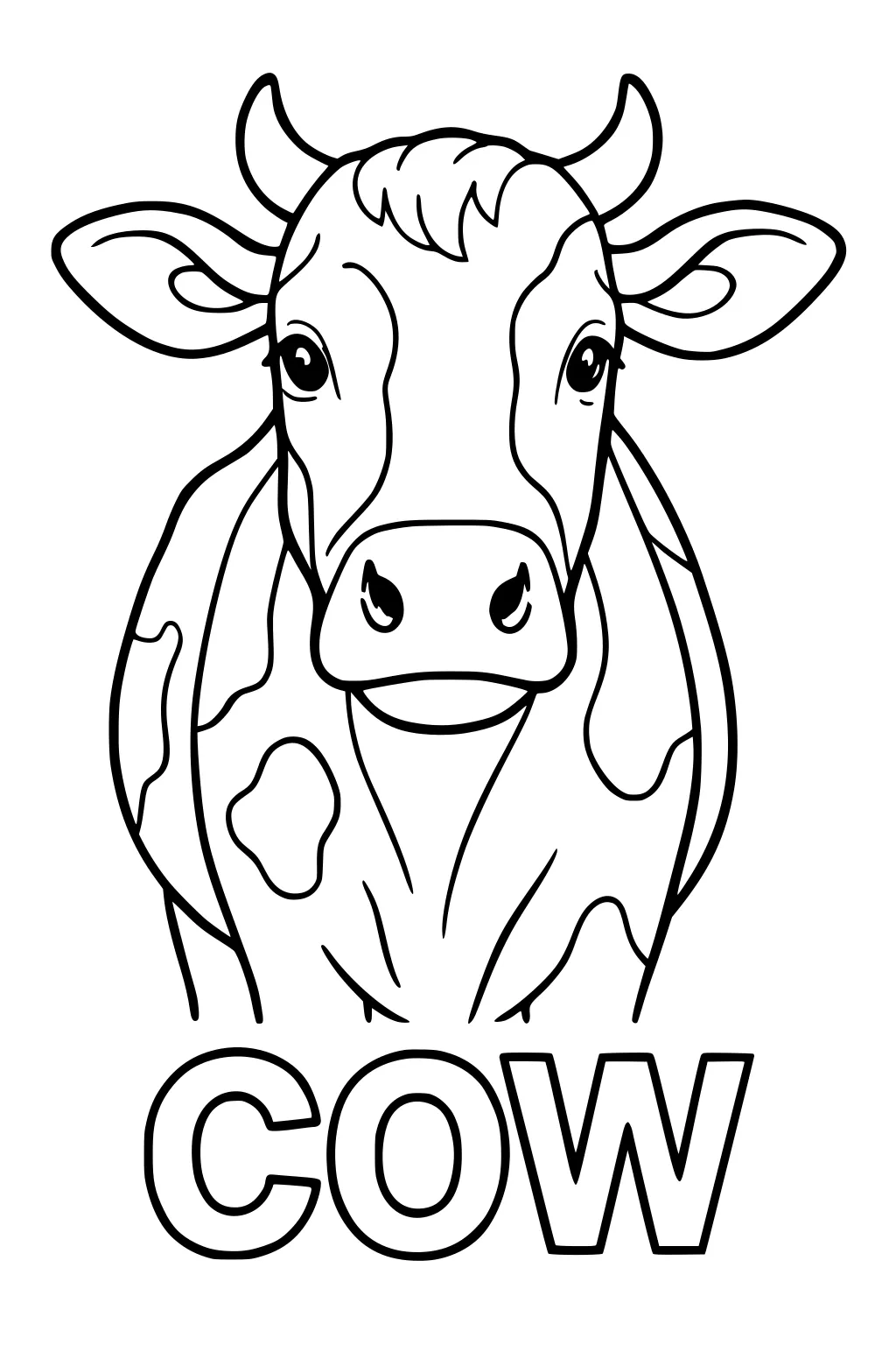 Cow face with big ears and spots, word COW underneath.