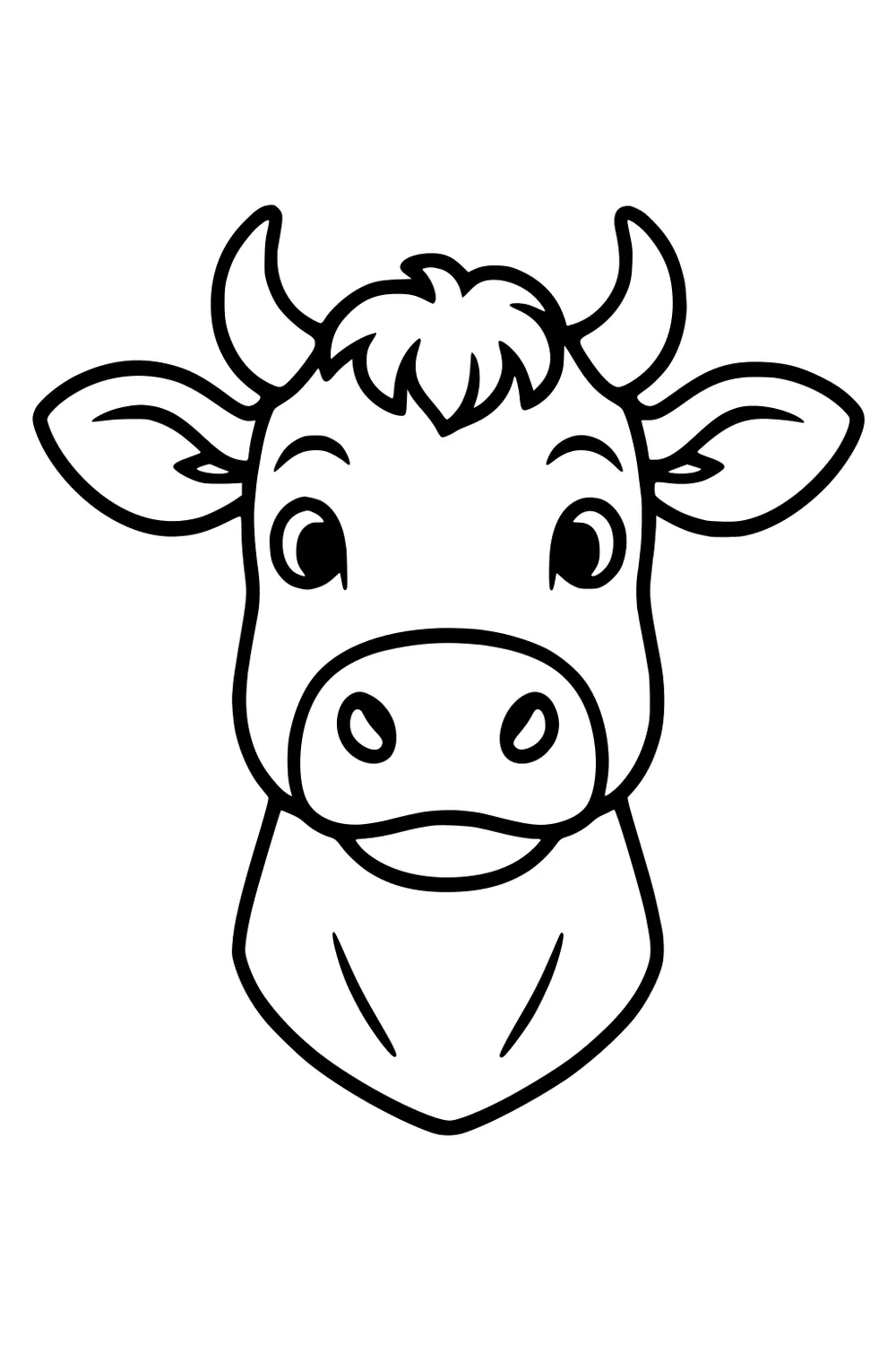 Cartoon cow face with large ears, short horns, round eyes, and a small tuft of hair on forehead.