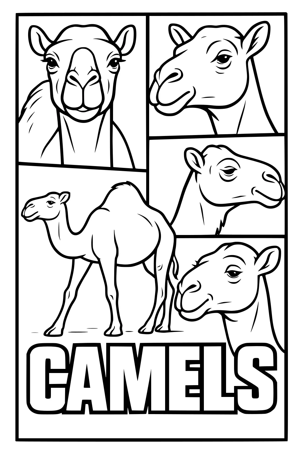 Five camel drawings, four with close-up heads in boxes and one full-body camel above bold text that says CAMELS.