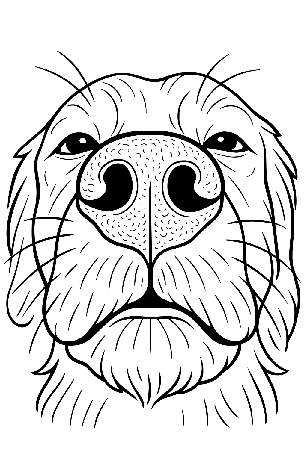Close-up of a dog's face with big nose, fur detail, and gentle eyes, drawn in thick cartoon outlines.
