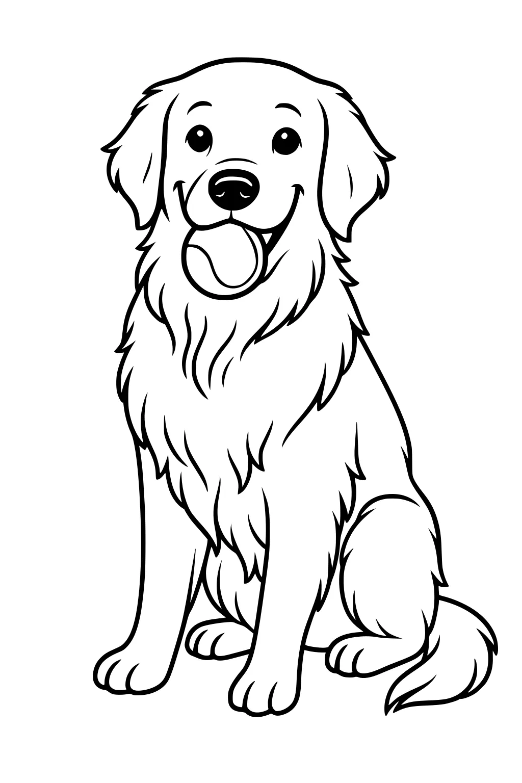 Cartoon dog with fluffy fur sitting and tongue sticking out, ears floppy, tail curled around legs, facing forward.
