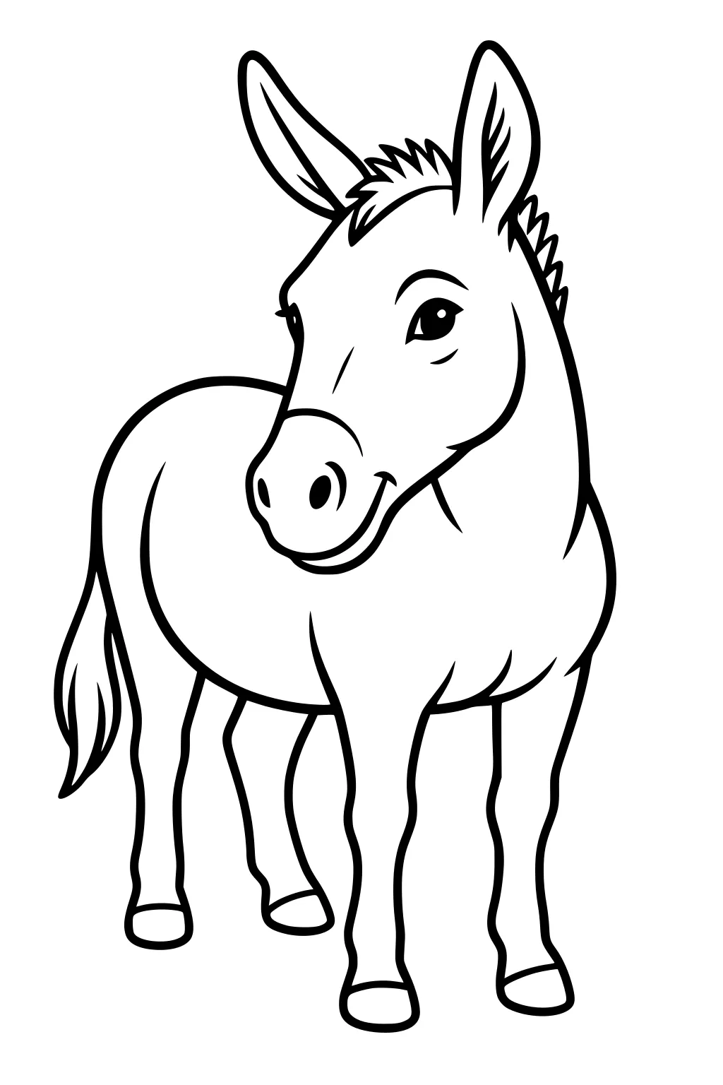 Friendly donkey with upright ears and short mane standing facing forward, ready to be colored.