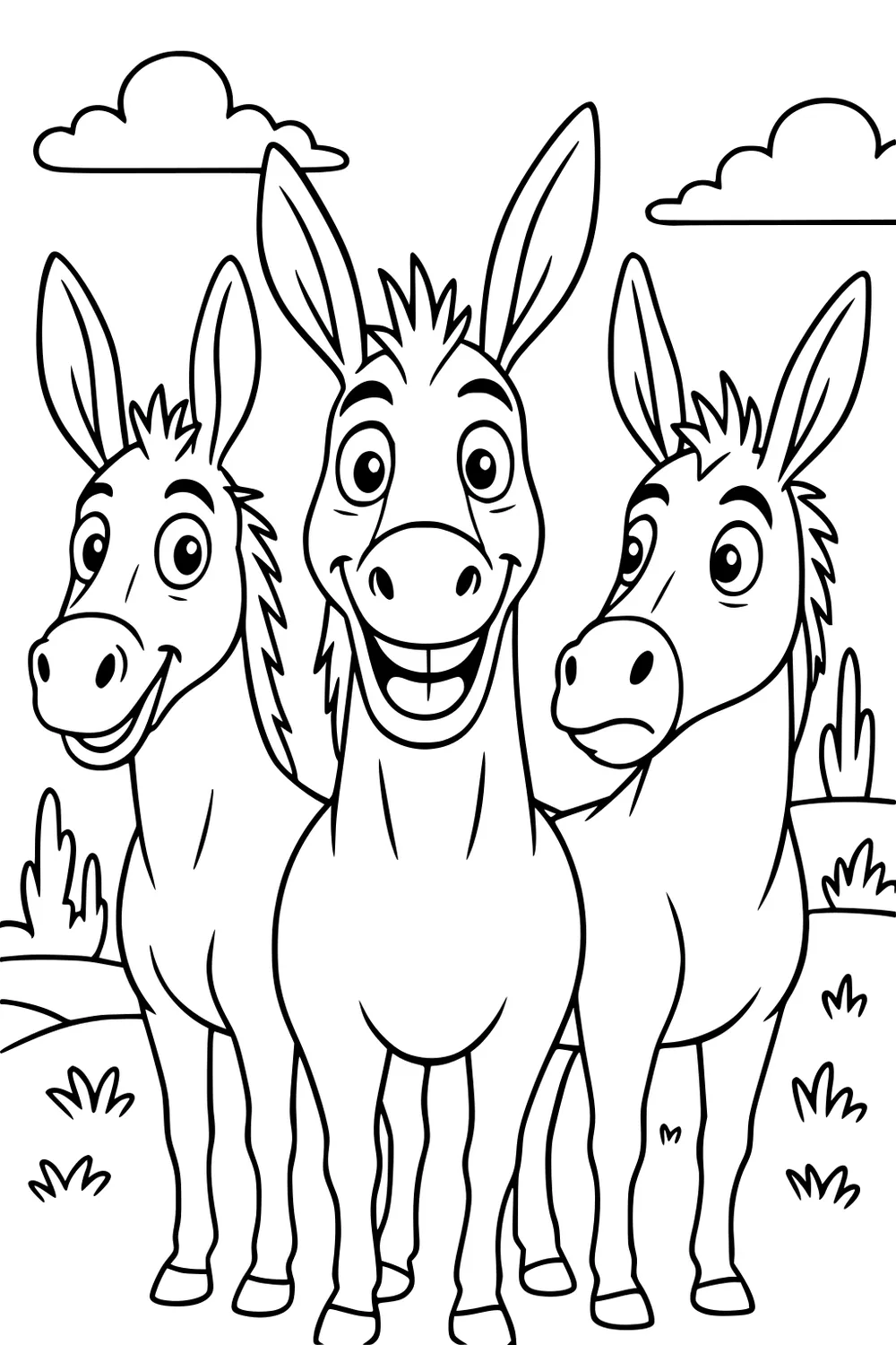 Three cartoon donkeys with big eyes and long ears standing together in a grassy field with clouds and bushes.
