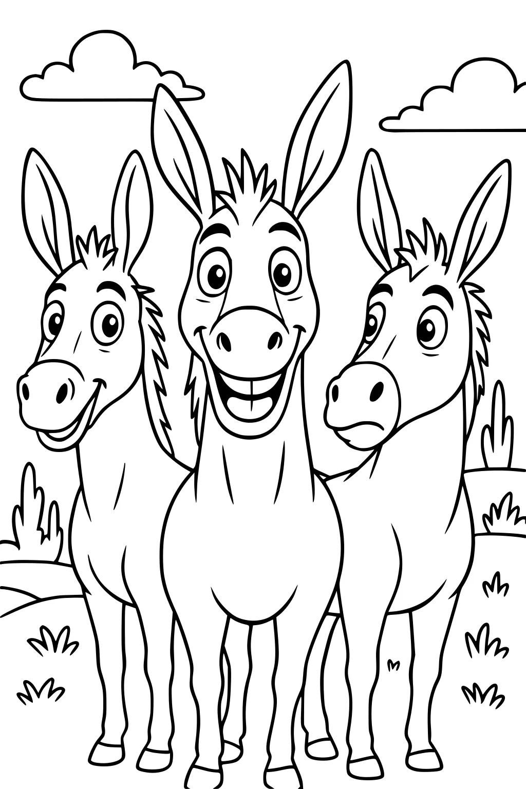 Three cartoon donkeys with big eyes and long ears standing together in a grassy field with clouds and bushes.