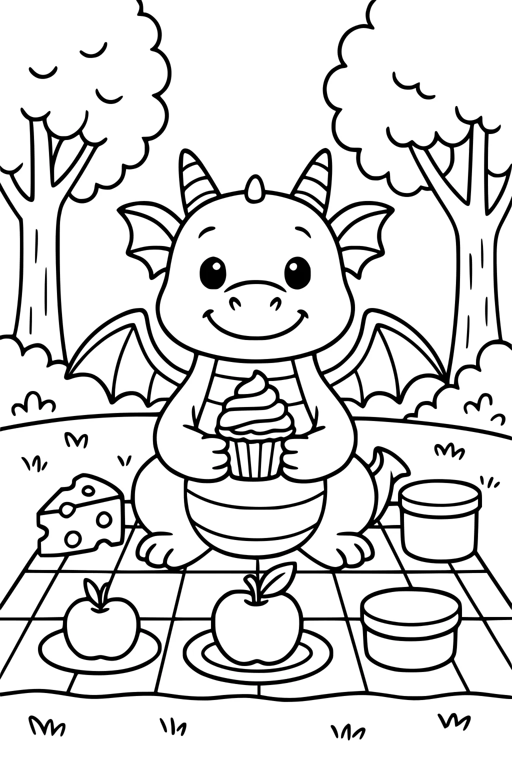 Smiling dragon on a checkered picnic blanket holds a cupcake, with apples on plates, a cheese wedge, and two tubs under trees.